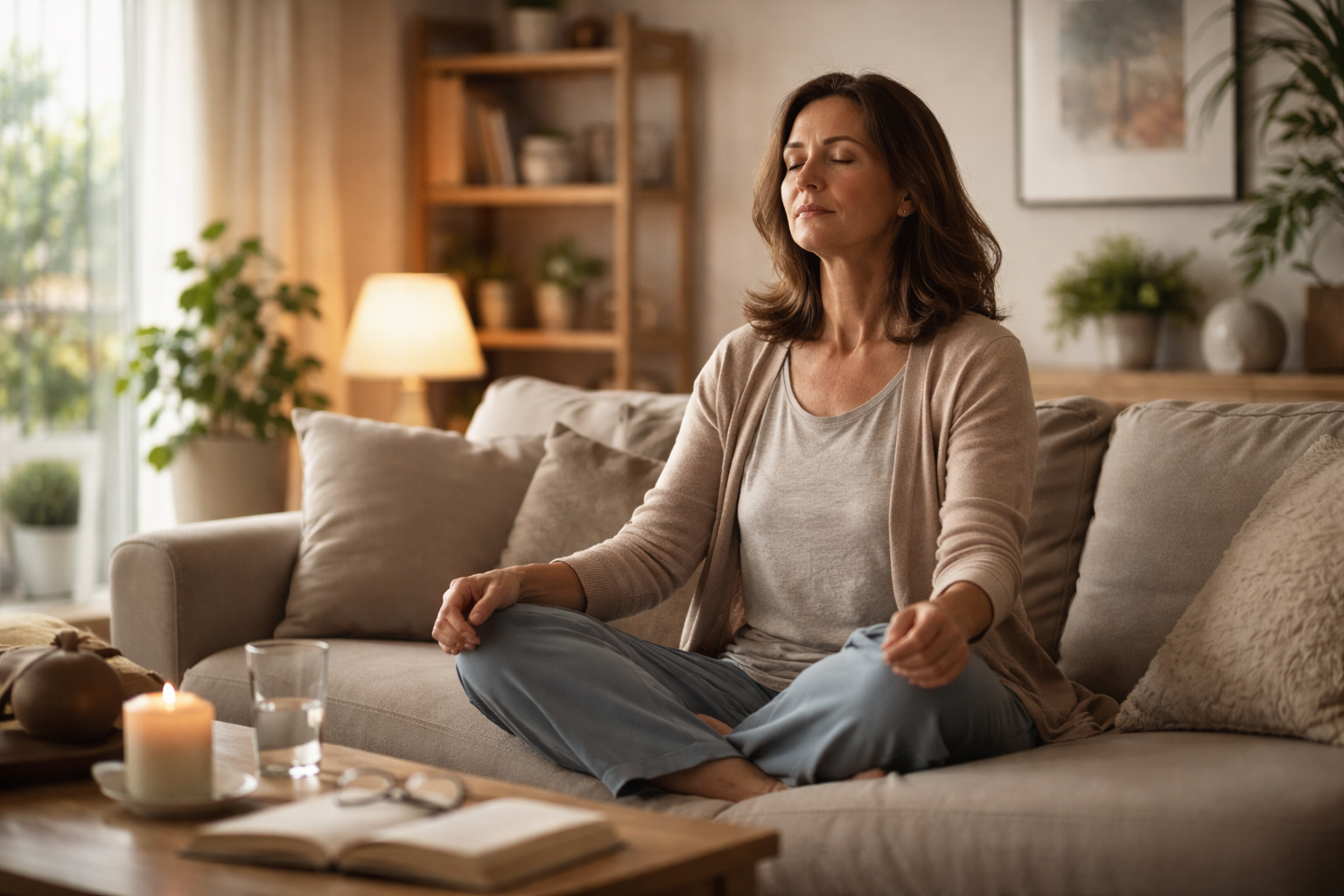 A woman sits cross-legged on a sofa with her eyes closed in a softly lit living room