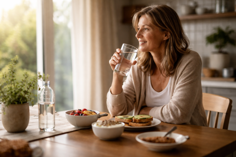 A woman sits at a wooden table holding a glass of water, looking out a sunlit window