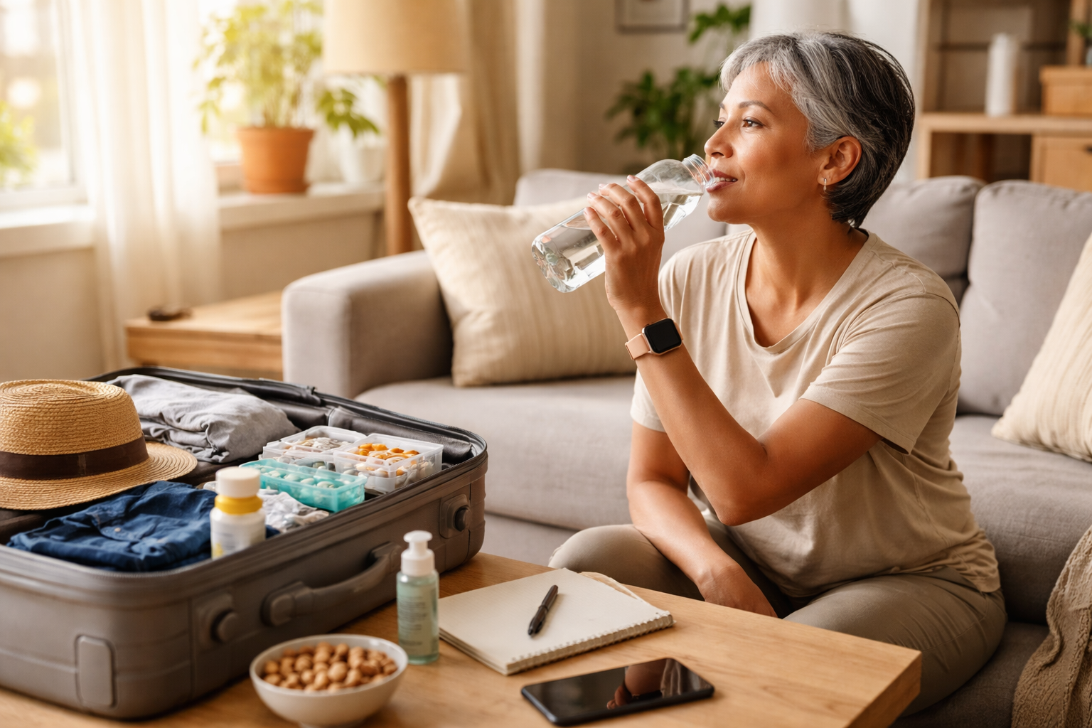 A woman sits on a couch packing a suitcase while holding a bottle of water in a sunlit living room