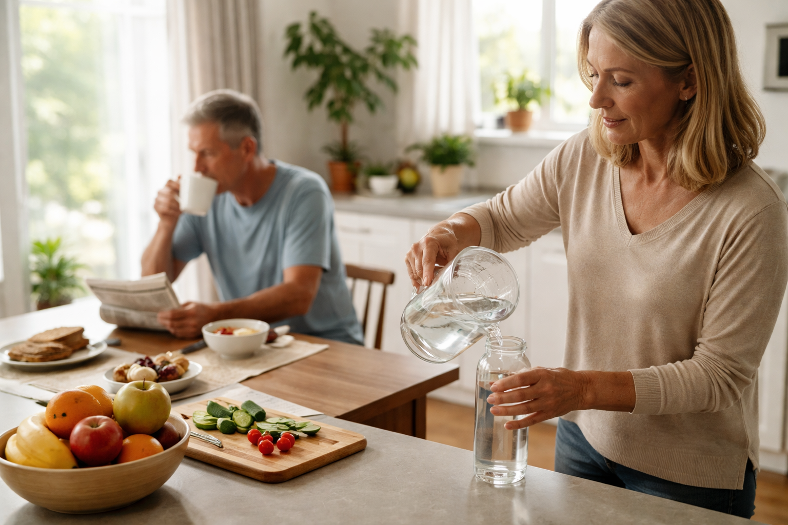 A woman pours water from a glass pitcher into a bottle on a kitchen counter in soft morning light