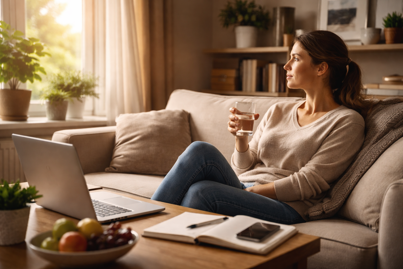 A woman sitting on a sofa holding a glass of water while looking toward a sunlit window