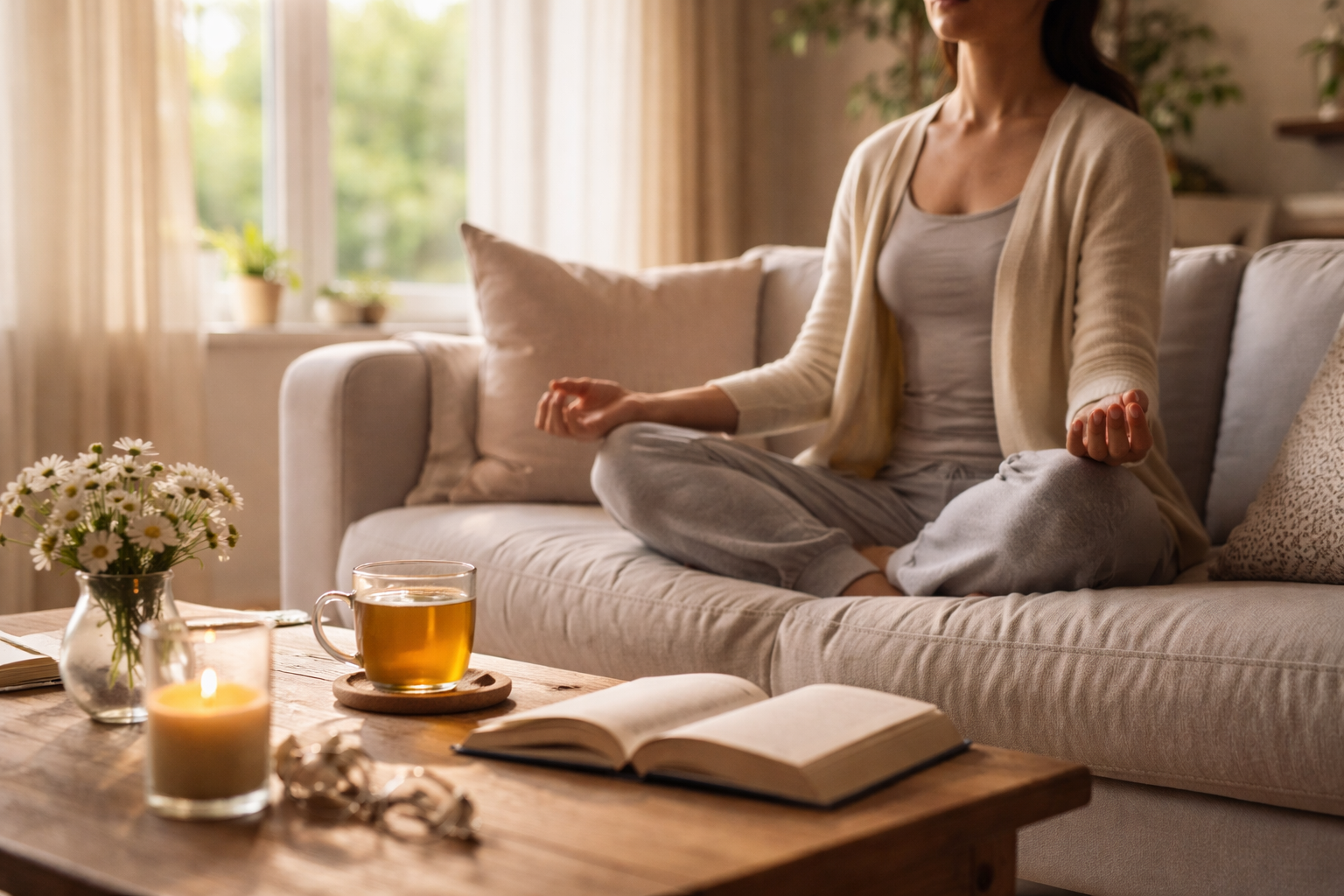 A woman sitting cross-legged on a couch with soft sunlight coming through sheer curtains
