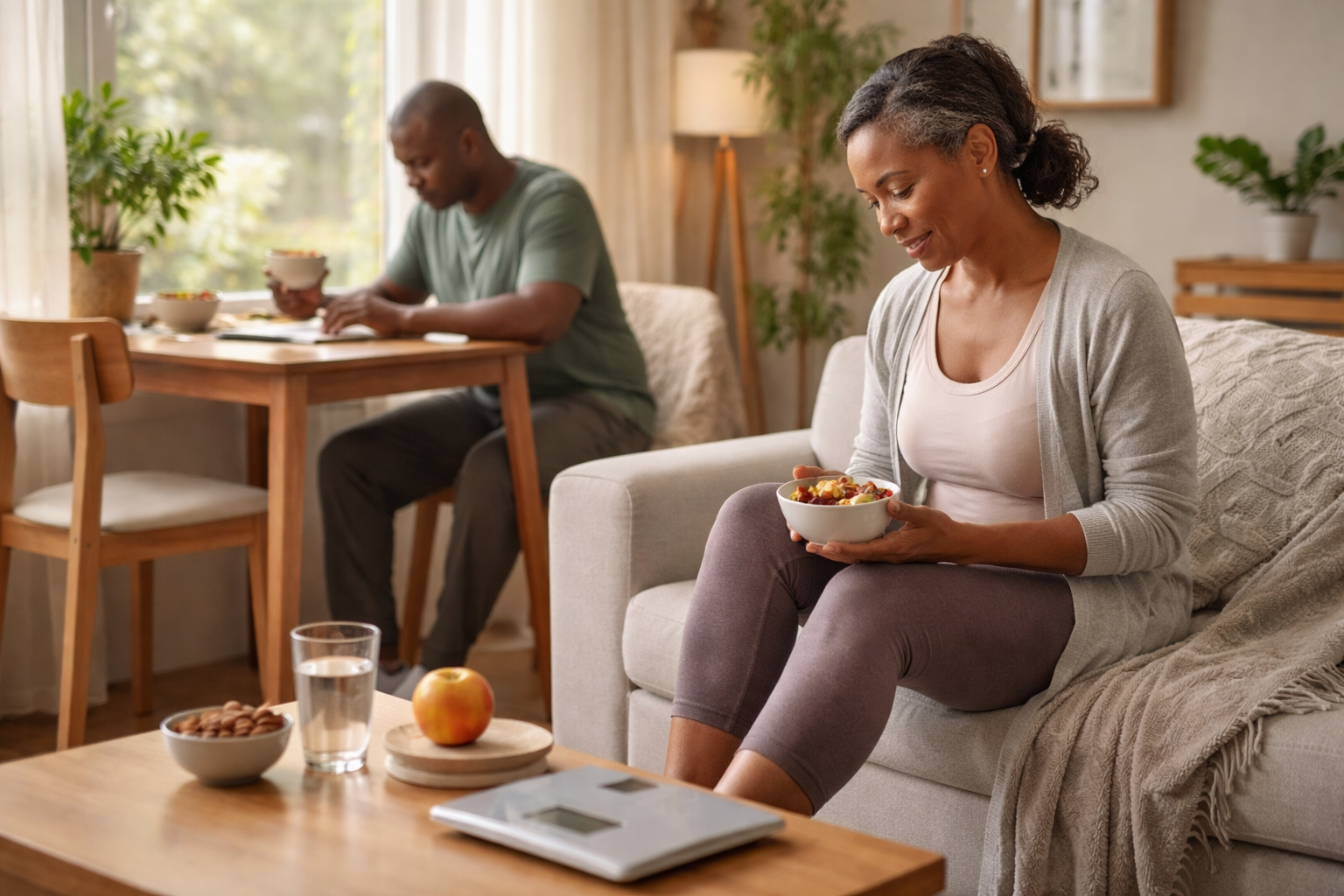 A woman sitting on a sofa holding a bowl of fruit and looking down with a soft smile