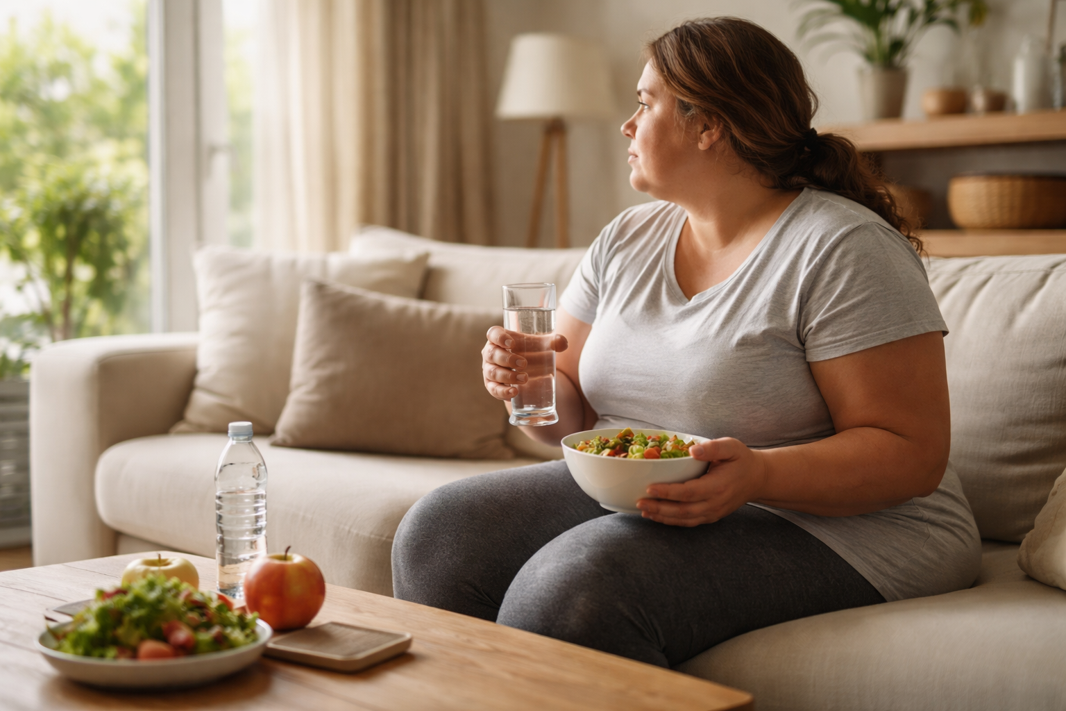 A woman sitting on a beige sofa holding a bowl of salad and a glass of water