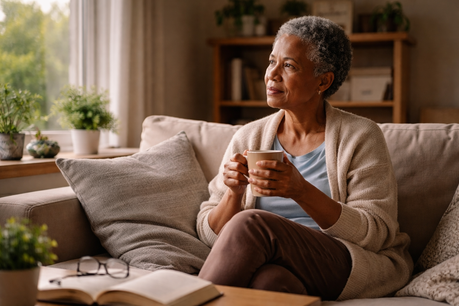 A woman sits on a sofa holding a mug while looking out a sunlit window