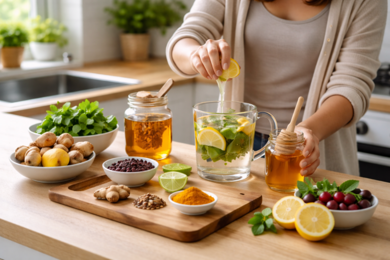 A woman squeezes a slice of lemon into a clear mug filled with water, mint leaves, and lemon slices