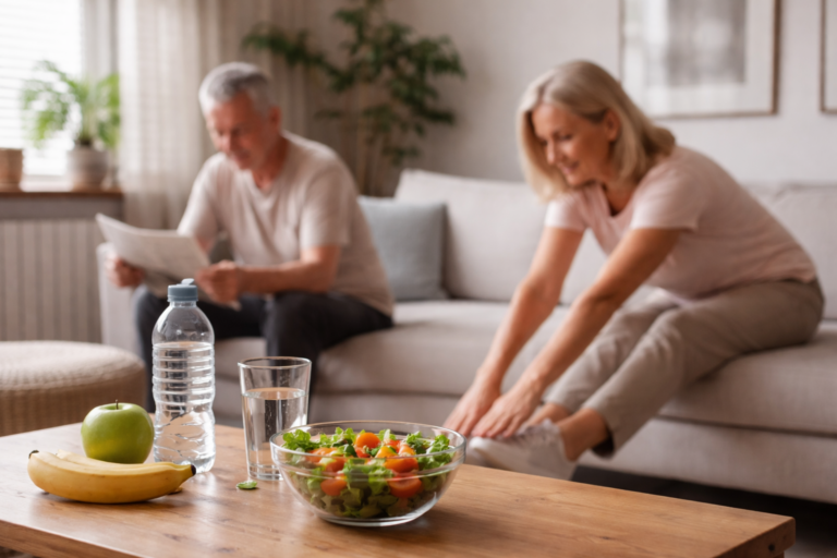 A woman stretching on the floor beside a couch while a man sits nearby