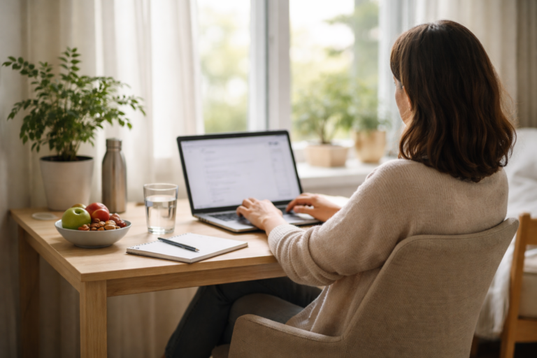A woman sits at a wooden desk using a laptop with sunlight coming through a nearby window