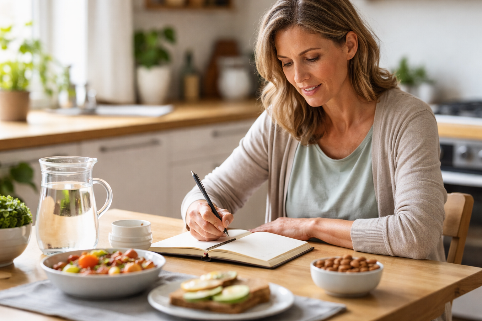 A woman sits at a wooden kitchen table writing in a notebook with a glass pitcher of water nearby
