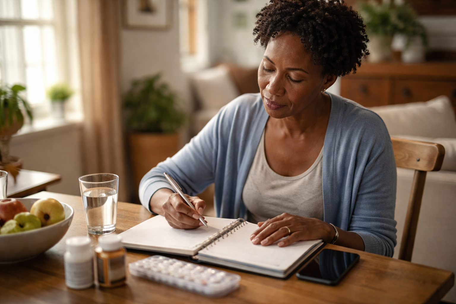 A woman sits at a wooden table writing in a notebook with a pen in a softly lit room