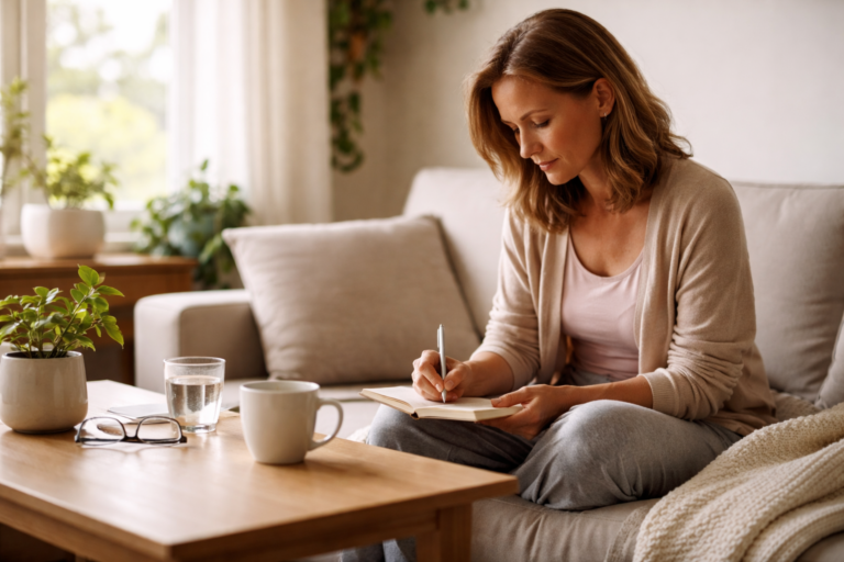 A woman sitting on a beige sofa writing in a small notebook with a pen