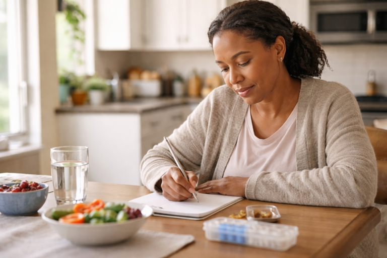 A woman sits at a kitchen table writing in a notebook with a glass of water nearby