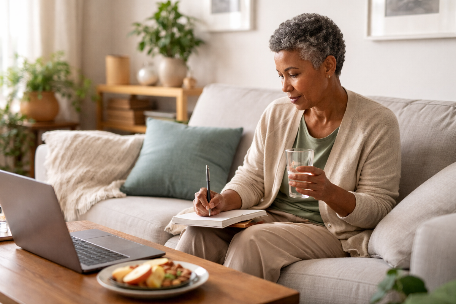 A woman sits on a couch writing in a notebook while holding a glass of water