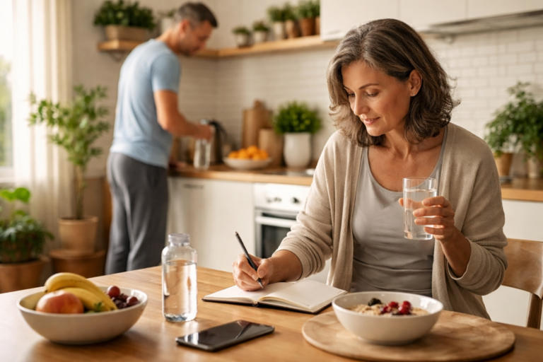 A woman sits at a wooden kitchen table writing in a notebook while holding a glass of water